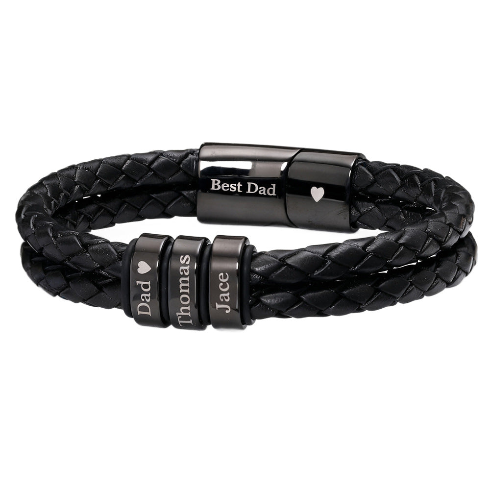 Double Layer Round Leather Bracelet, Black DIY Engraved Stainless Steel Magnetic Buckle Bracelet