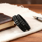 Double Layer Round Leather Bracelet, Black DIY Engraved Stainless Steel Magnetic Buckle Bracelet
