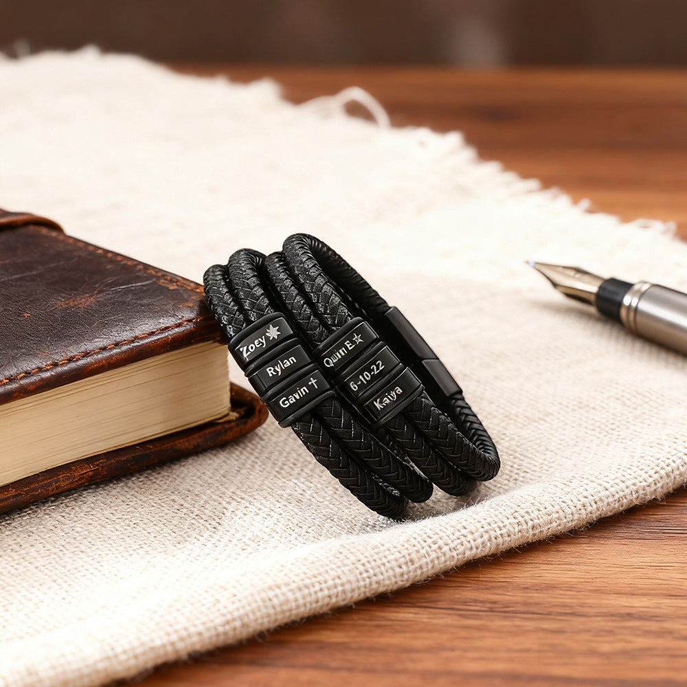 Double Layer Round Leather Bracelet, Black DIY Engraved Stainless Steel Magnetic Buckle Bracelet
