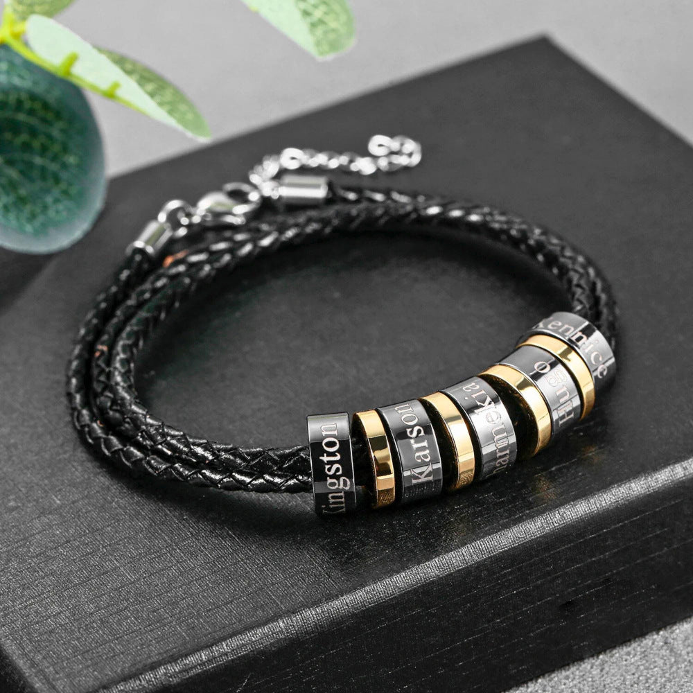 Hot Sale Men's Braided Leather Bracelet, Titanium Steel DIY Engraved Beaded Luxury Gift
