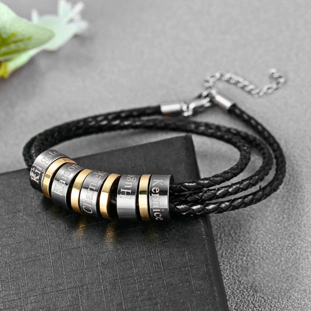 Hot Sale Men's Braided Leather Bracelet, Titanium Steel DIY Engraved Beaded Luxury Gift