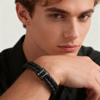 Double Layer Round Leather Bracelet, Black DIY Engraved Stainless Steel Magnetic Buckle Bracelet