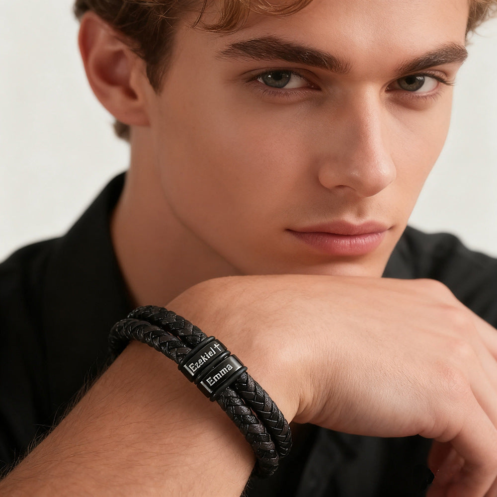 Double Layer Round Leather Bracelet, Black DIY Engraved Stainless Steel Magnetic Buckle Bracelet
