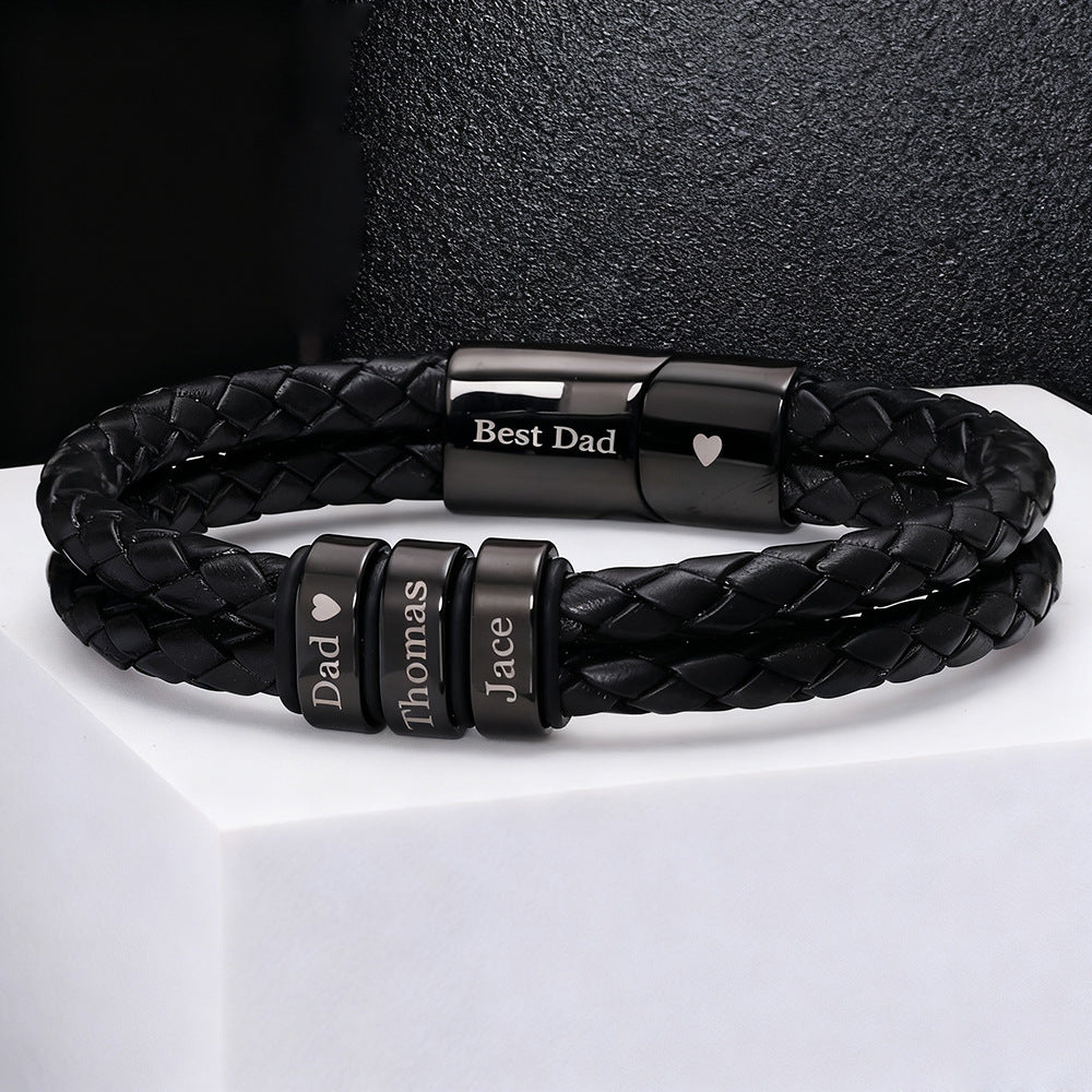 Double Layer Round Leather Bracelet, Black DIY Engraved Stainless Steel Magnetic Buckle Bracelet