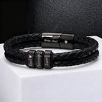 Double Layer Round Leather Bracelet, Black DIY Engraved Stainless Steel Magnetic Buckle Bracelet