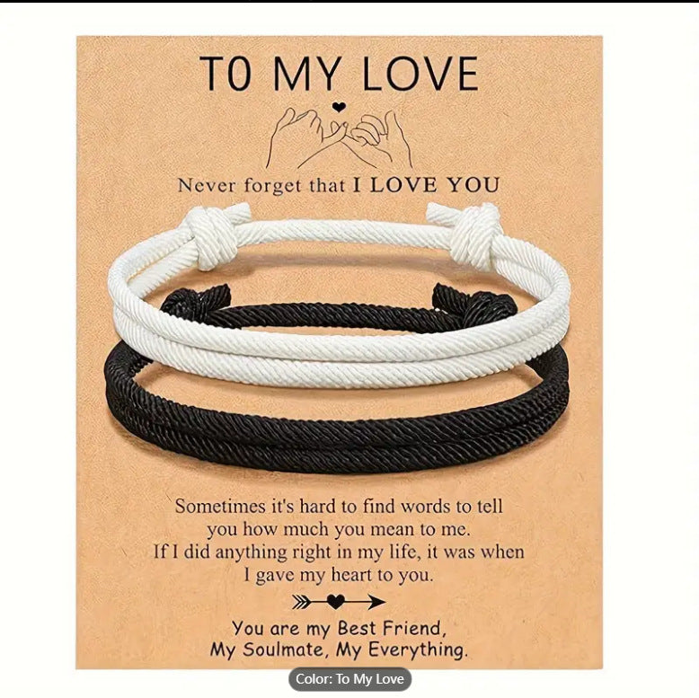 Black and White Couple Bracelet Set, Custom Text Card Friendship Birthday Gift