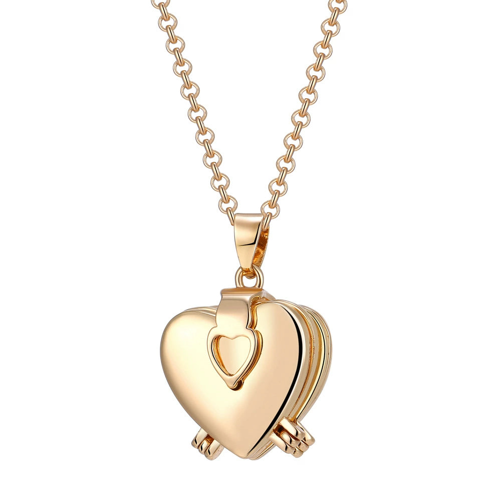 4-Panel 3D Heart Locket Necklace, Matching Foldable Love Pendant Jewelry
