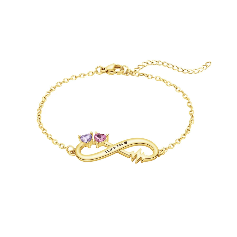 Custom 12 Month Birthstone Infinity Heart Bracelet, DIY Engraved Rhinestone Jewelry