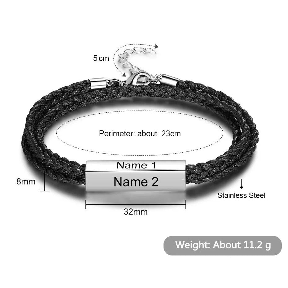 Braided Leather Bracelet with DIY Engraved Stainless Steel Beads, Men Jewelry
