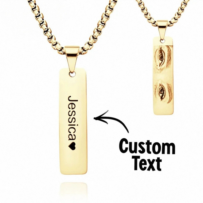 Custom Stainless Steel Bar Pendant Necklace, DIY Engraved Text & Photo Jewelry