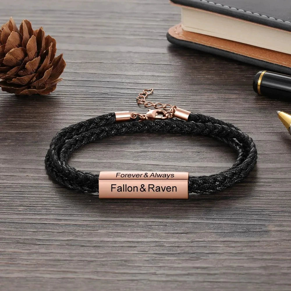 Braided Leather Bracelet with DIY Engraved Stainless Steel Beads, Men Jewelry