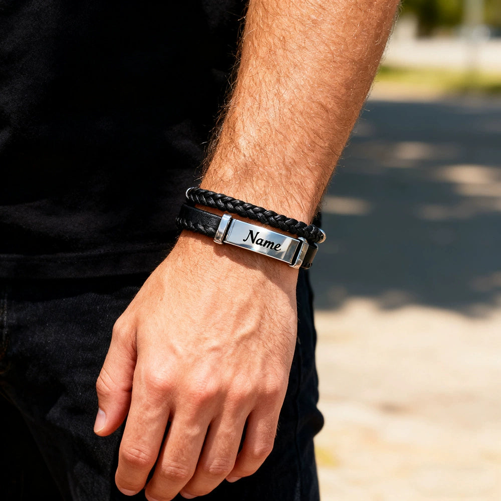 Vintage Leather Bracelet for Men, Personalized DIY Engraved Stainless Steel Wristband