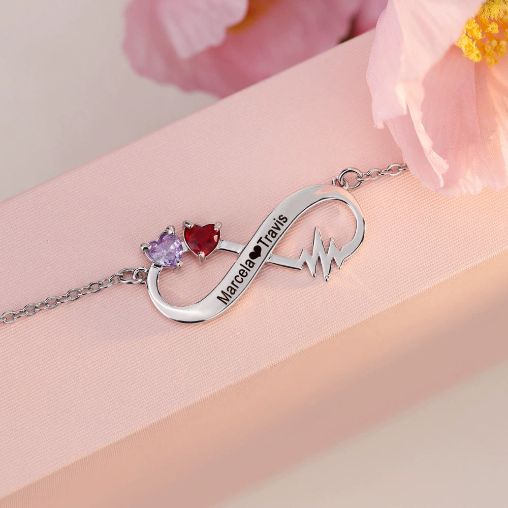 Custom 12 Month Birthstone Infinity Heart Bracelet, DIY Engraved Rhinestone Jewelry