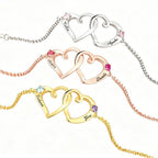 Custom Birthstone Double Heart Bracelet, DIY Engraved Name Jewelry