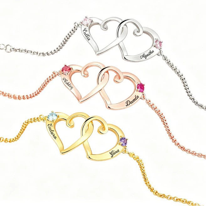 Custom Birthstone Double Heart Bracelet, DIY Engraved Name Jewelry