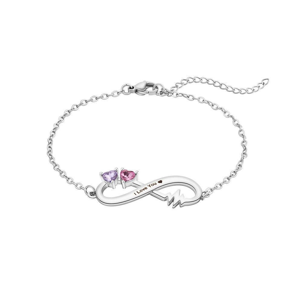 Custom 12 Month Birthstone Infinity Heart Bracelet, DIY Engraved Rhinestone Jewelry