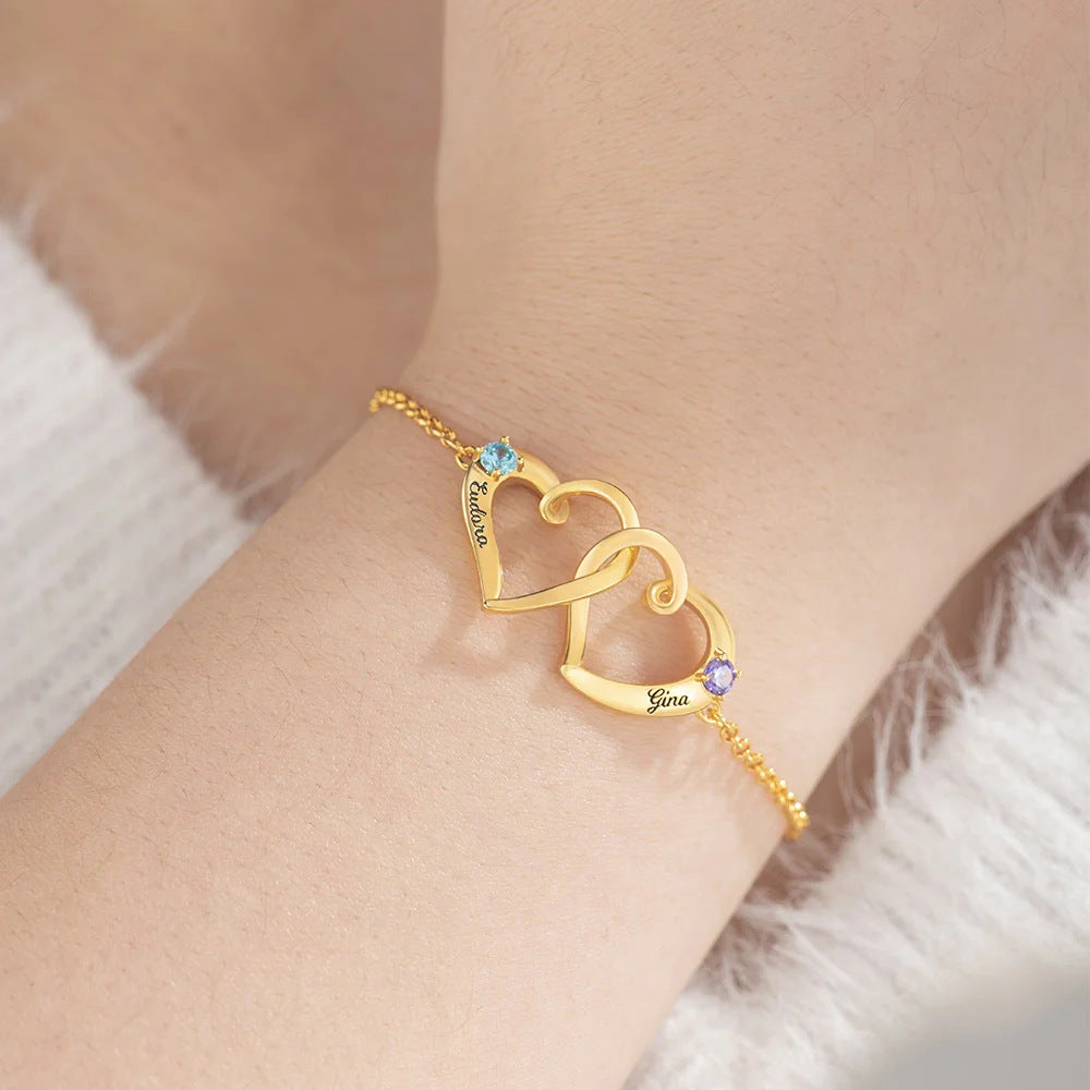Custom Birthstone Double Heart Bracelet, DIY Engraved Name Jewelry