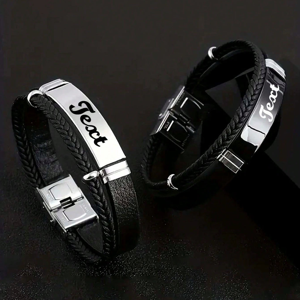 Vintage Leather Bracelet for Men, Personalized DIY Engraved Stainless Steel Wristband