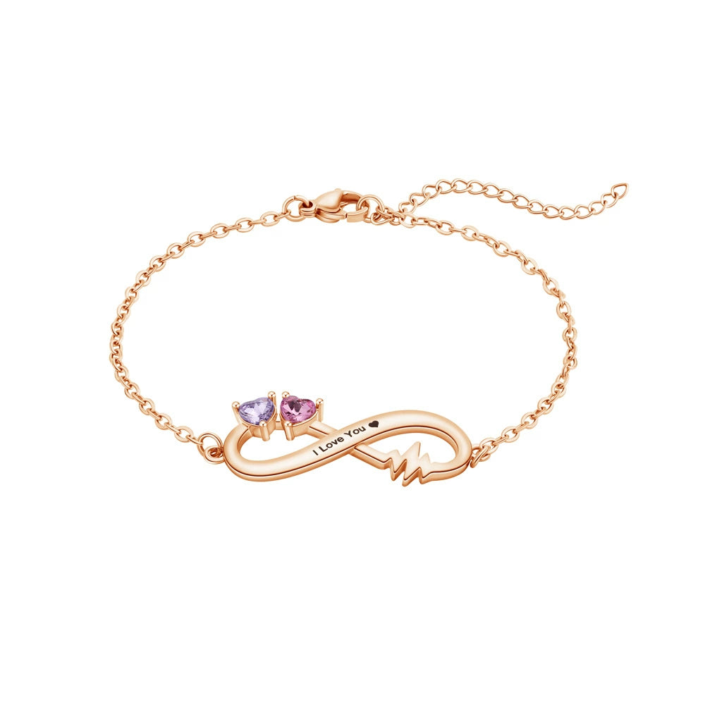 Custom 12 Month Birthstone Infinity Heart Bracelet, DIY Engraved Rhinestone Jewelry