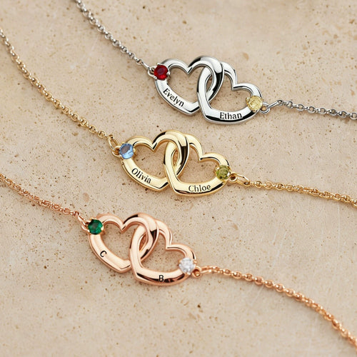 Custom Birthstone Double Heart Bracelet, DIY Engraved Name Jewelry