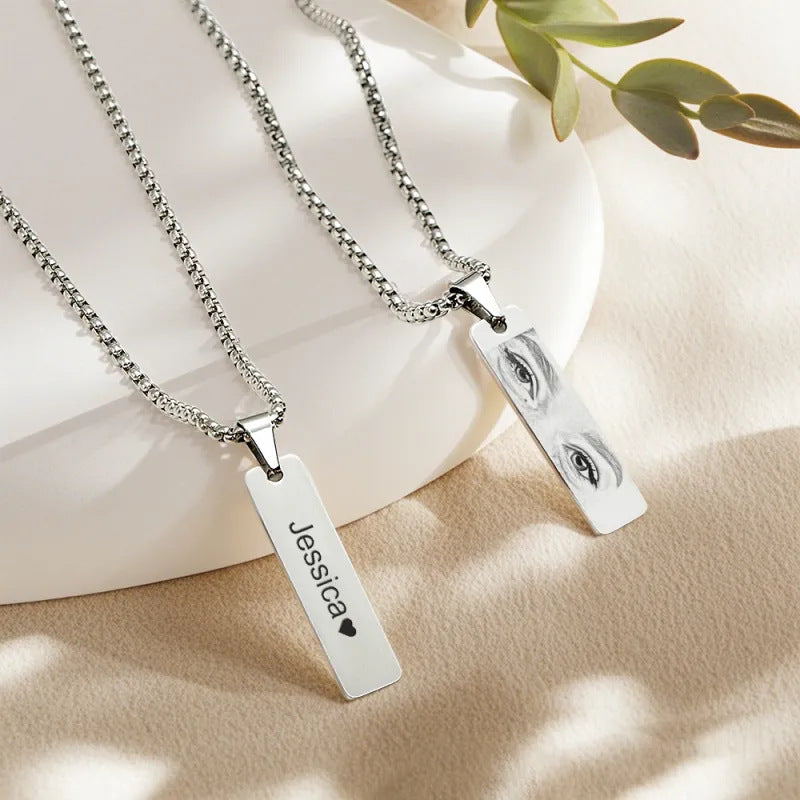 Custom Stainless Steel Bar Pendant Necklace, DIY Engraved Text & Photo Jewelry