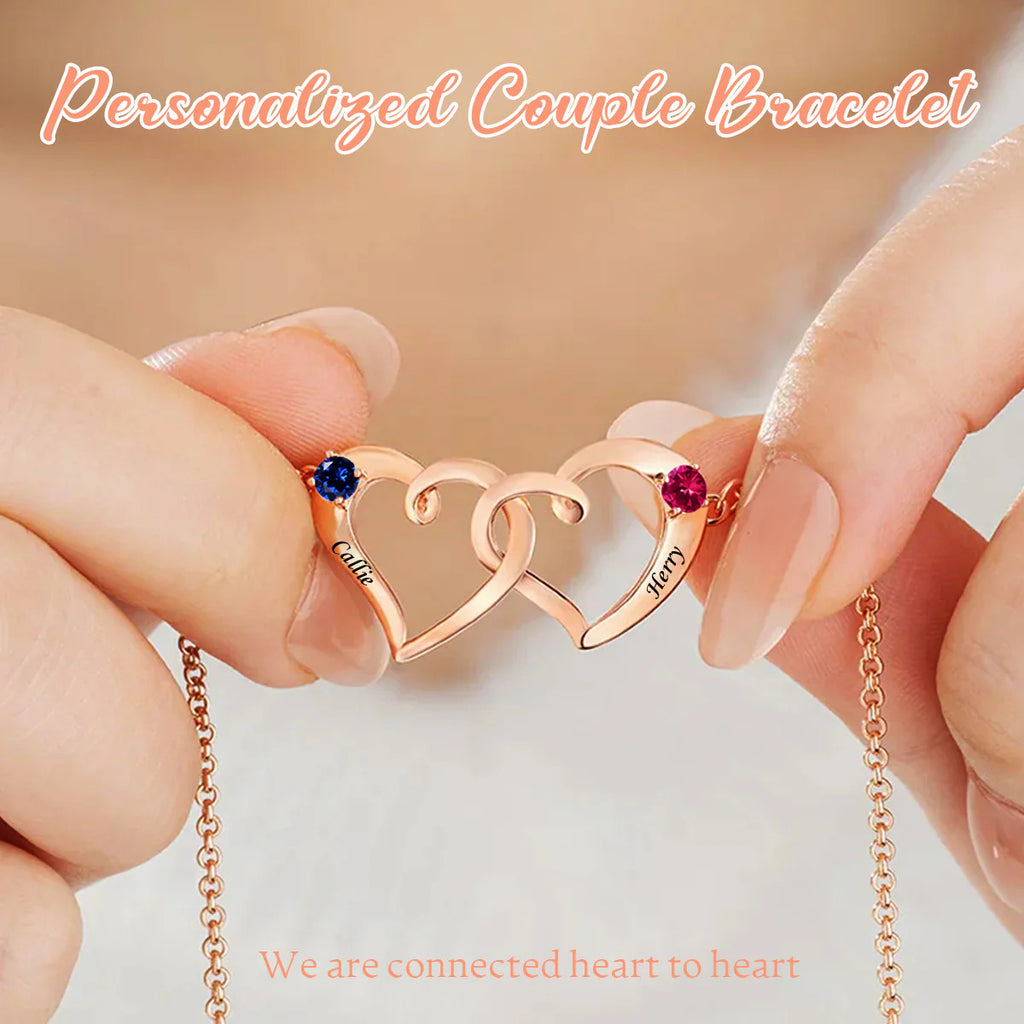 Custom Birthstone Double Heart Bracelet, DIY Engraved Name Jewelry