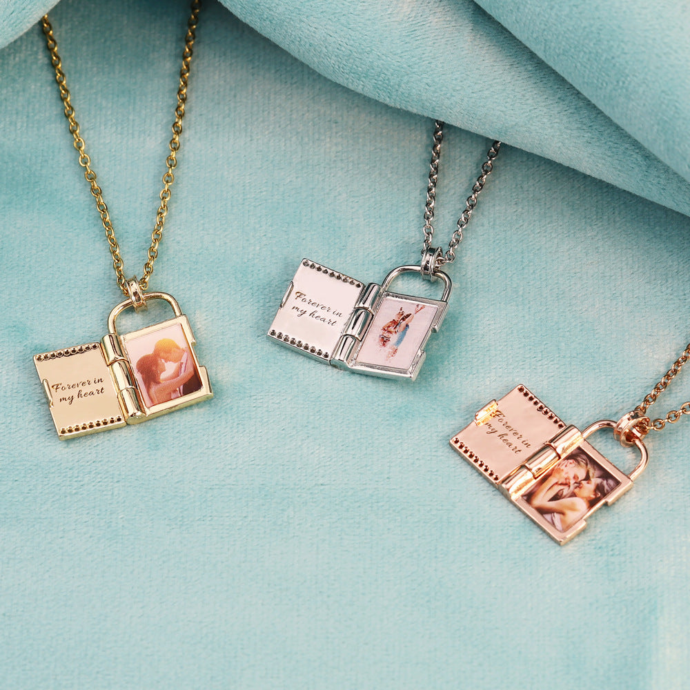 DIY Engraved Color Photo Heart Locket Necklace, Openable Pendant for Women
