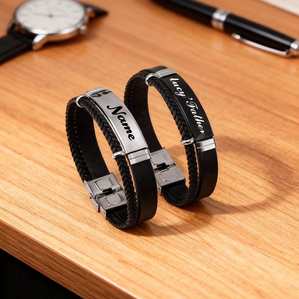 Vintage Leather Bracelet for Men, Personalized DIY Engraved Stainless Steel Wristband