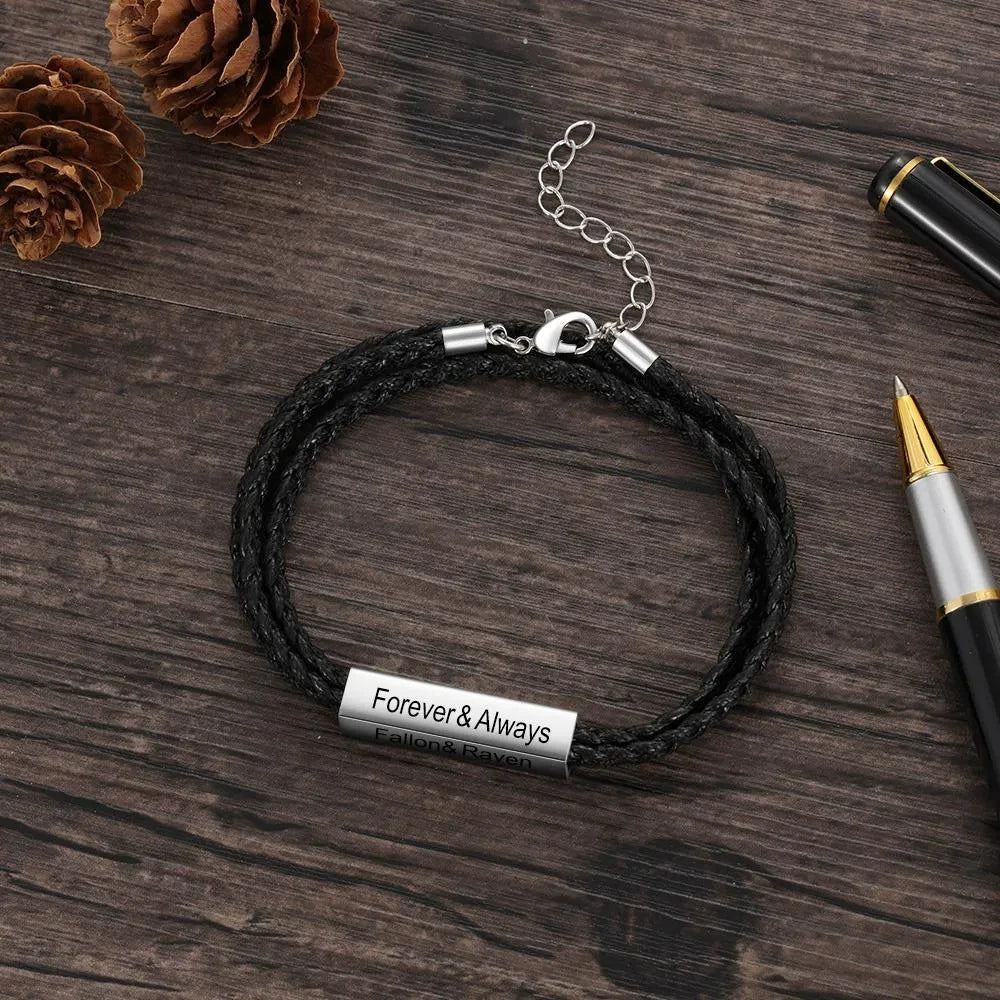 Braided Leather Bracelet with DIY Engraved Stainless Steel Beads, Men Jewelry