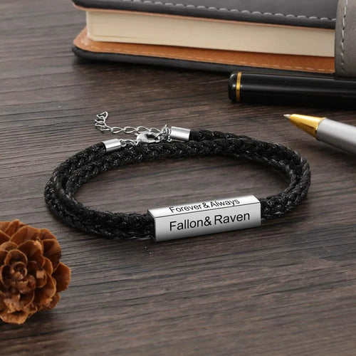 Braided Leather Bracelet with DIY Engraved Stainless Steel Beads, Men Jewelry