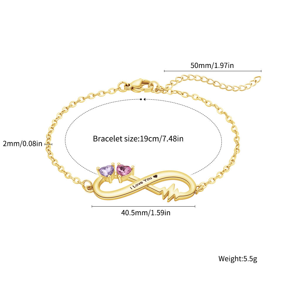 Custom 12 Month Birthstone Infinity Heart Bracelet, DIY Engraved Rhinestone Jewelry
