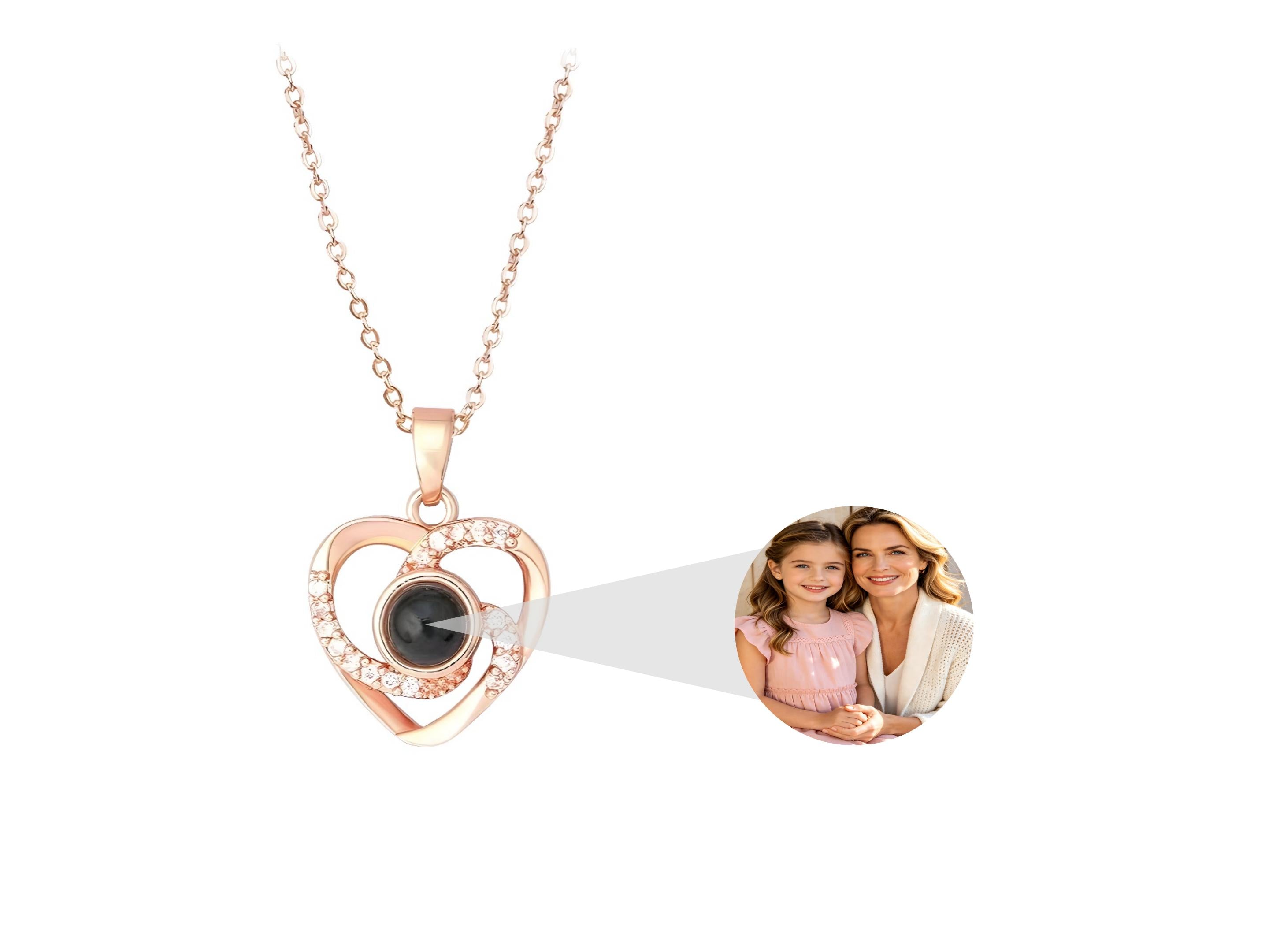 heart to heart projection necklace、interlocking hearts pendant、custom photo projection jewelry、romantic couple necklace、personalized memory keepsake、love connection gift