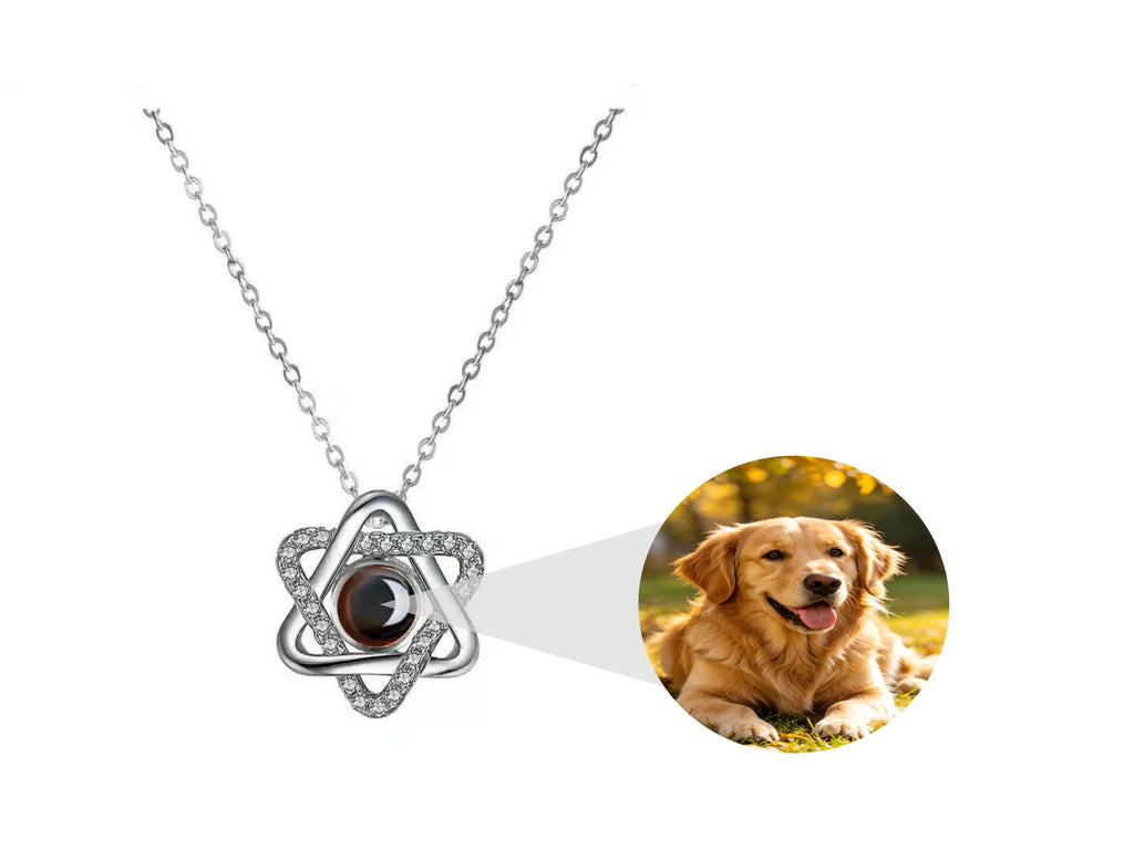 hexagram projection necklace、six-pointed star pendant、custom photo projection jewelry、celestial star necklace、personalized memory keepsake、romantic couple gift