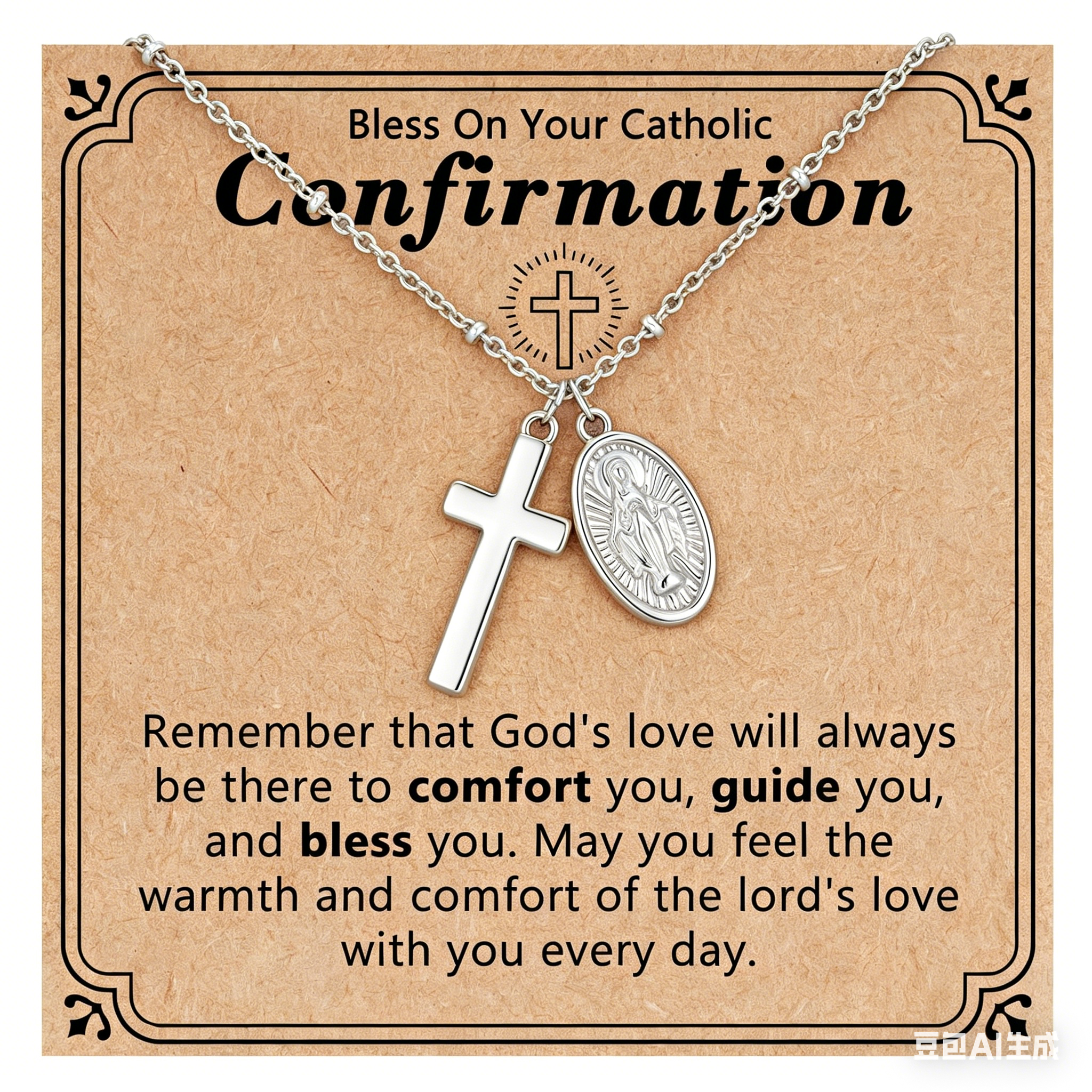 Catholic Confirmation Cross & Virgin Mary Necklace - 14K Gold Plated Religious Pendant - Baptism & First Communion Gift