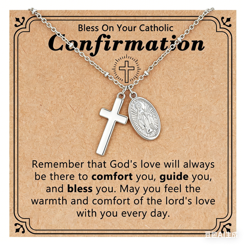 Catholic Confirmation Cross & Virgin Mary Necklace - 14K Gold Plated Religious Pendant - Baptism & First Communion Gift
