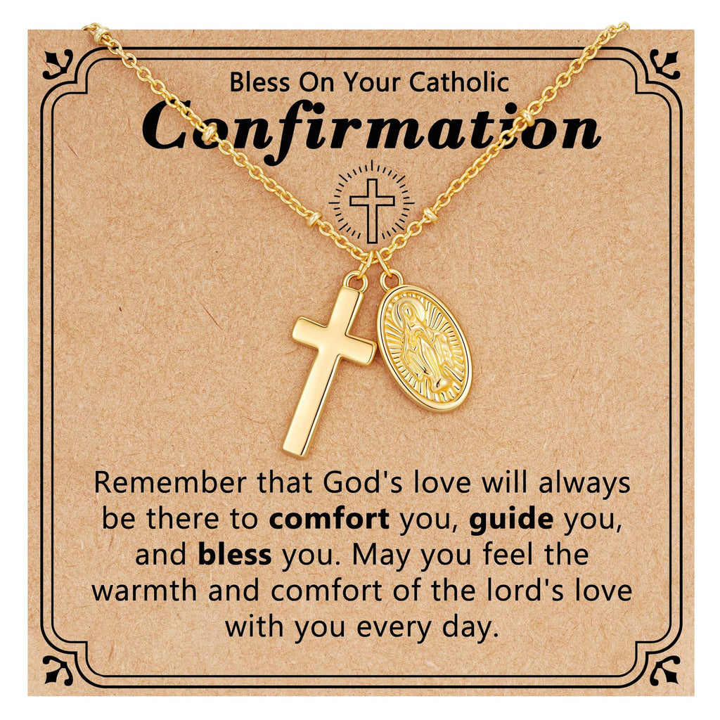 Catholic Confirmation Cross & Virgin Mary Necklace - 14K Gold Plated Religious Pendant - Baptism & First Communion Gift
