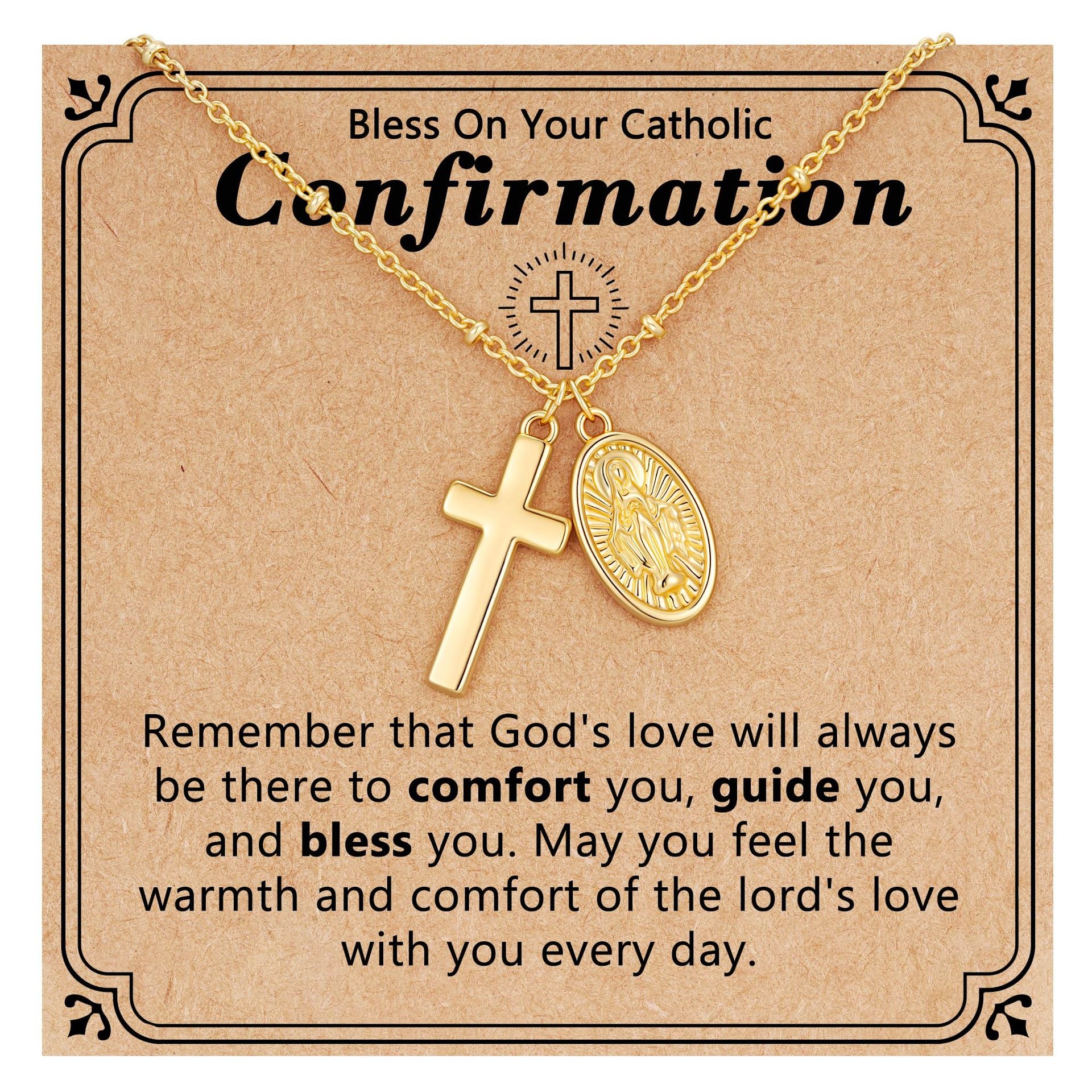 Catholic Confirmation Cross & Virgin Mary Necklace - 14K Gold Plated Religious Pendant - Baptism & First Communion Gift