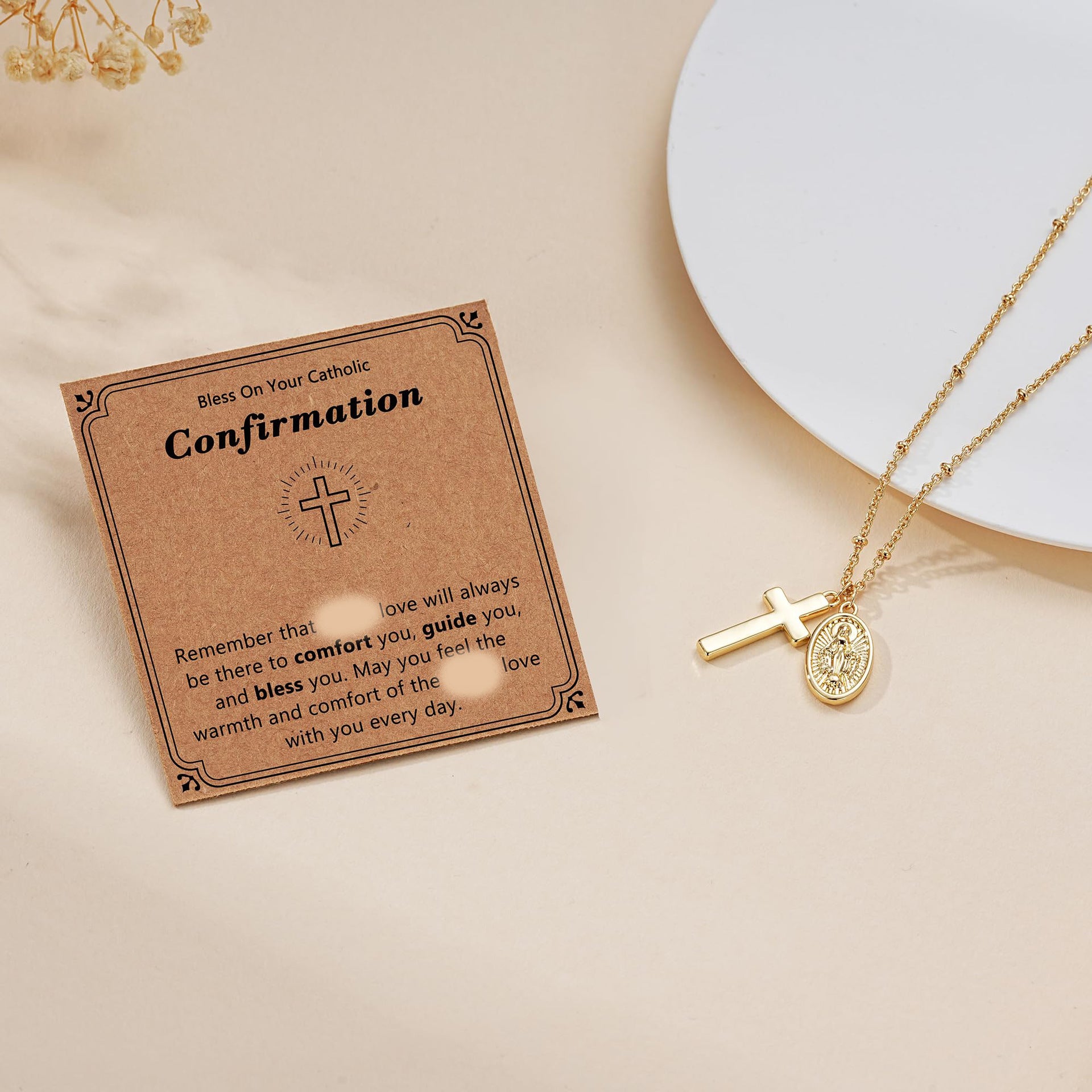 Catholic Confirmation Cross & Virgin Mary Necklace - 14K Gold Plated Religious Pendant - Baptism & First Communion Gift