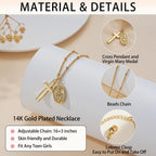 Catholic Confirmation Cross & Virgin Mary Necklace - 14K Gold Plated Religious Pendant - Baptism & First Communion Gift