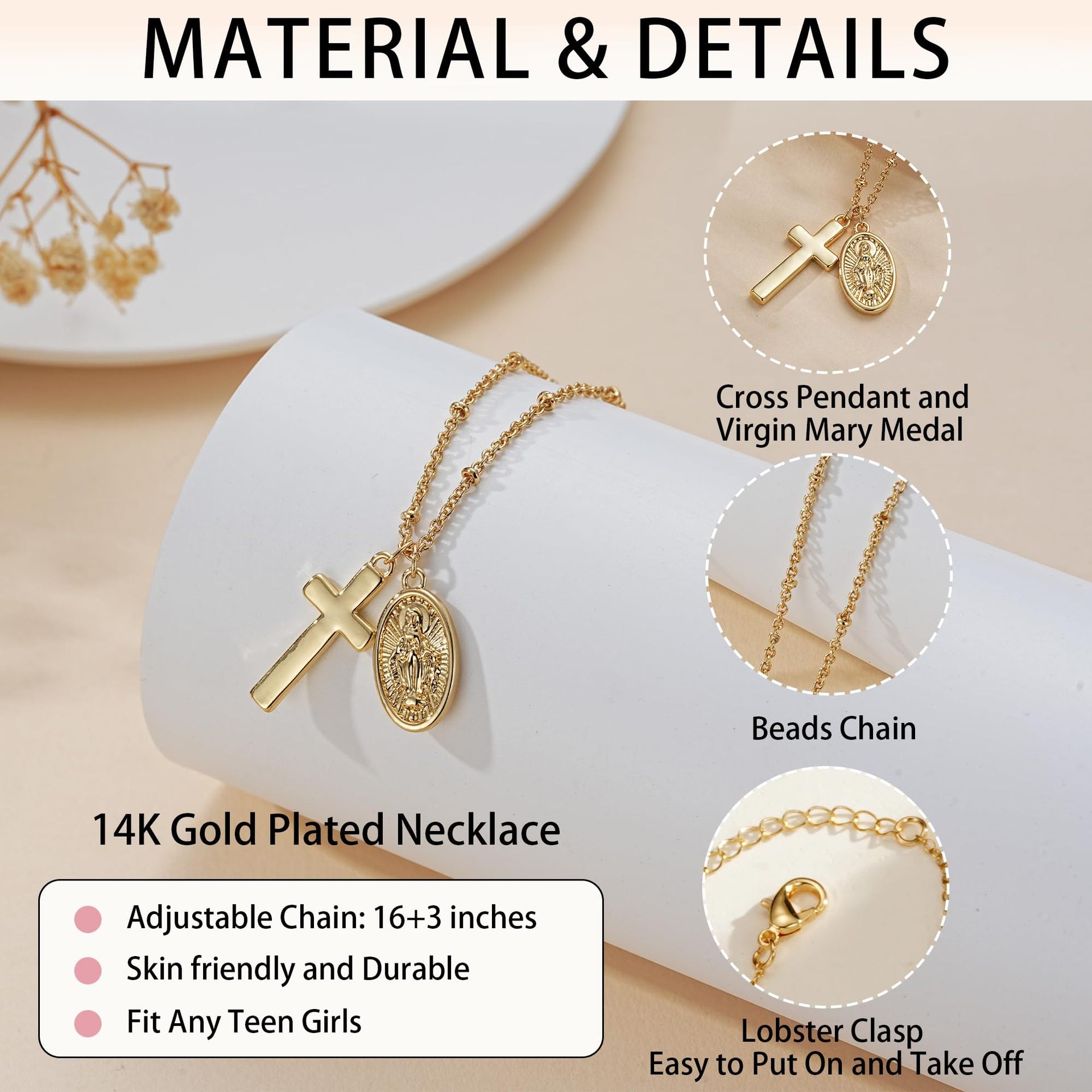 Catholic Confirmation Cross & Virgin Mary Necklace - 14K Gold Plated Religious Pendant - Baptism & First Communion Gift