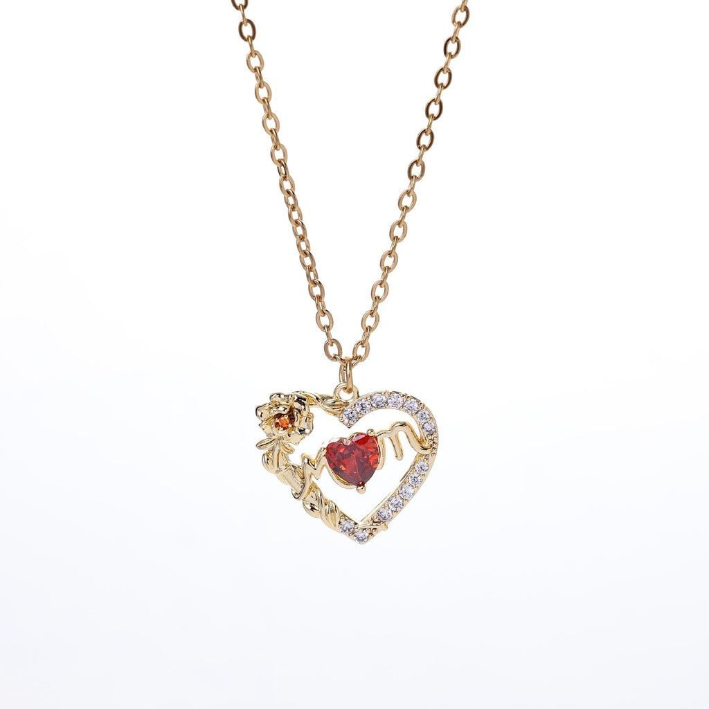Sparkling Red Crystal Heart Necklace - 14K Gold Plated Cubic Zirconia Pendant - Dainty Romantic Jewelry for Women