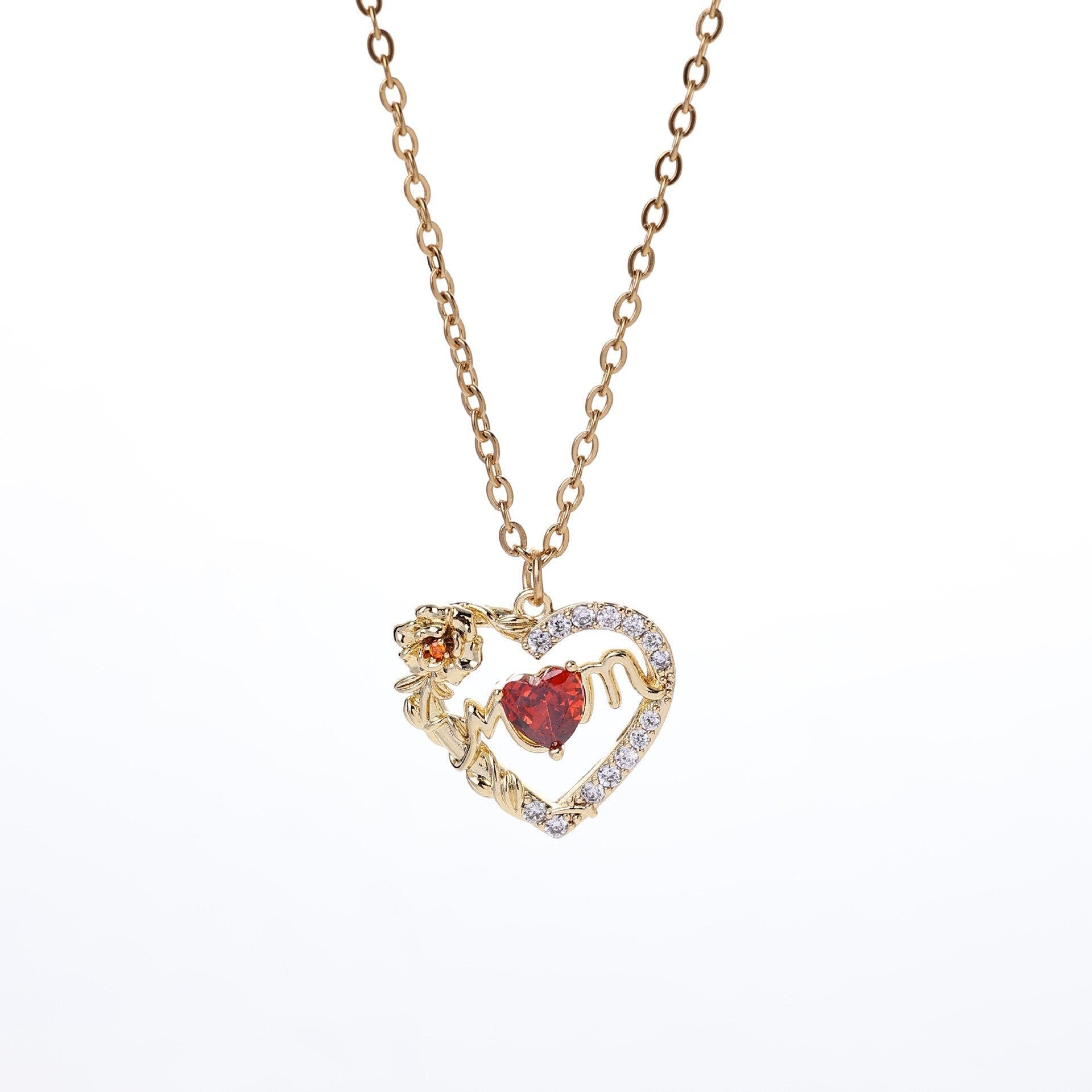 Sparkling Red Crystal Heart Necklace - 14K Gold Plated Cubic Zirconia Pendant - Dainty Romantic Jewelry for Women
