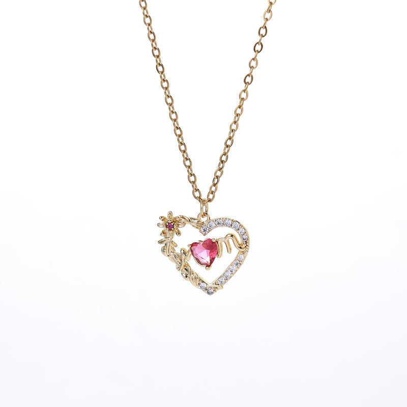 Sparkling Red Crystal Heart Necklace - 14K Gold Plated Cubic Zirconia Pendant - Dainty Romantic Jewelry for Women