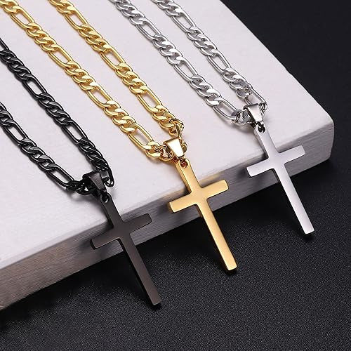 Men's Black Cross Necklace - Stainless Steel Cuban Link Chain - Minimalist Faith Jewelry