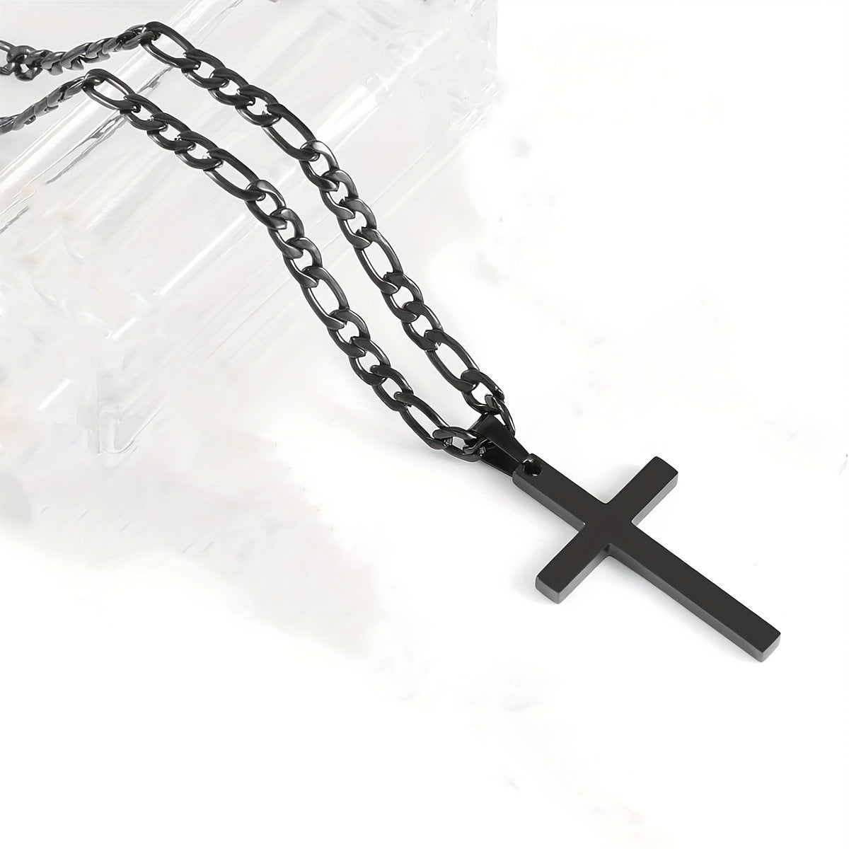 Men's Black Cross Necklace - Stainless Steel Cuban Link Chain - Minimalist Faith Jewelry