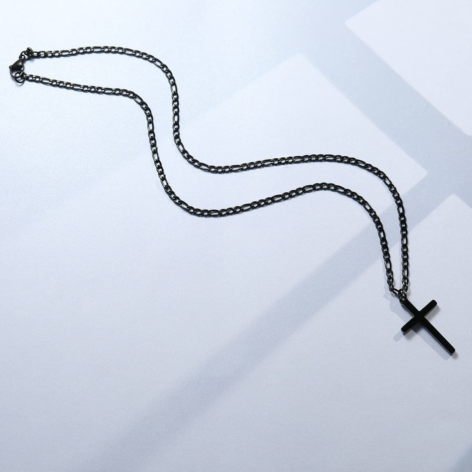 Men's Black Cross Necklace - Stainless Steel Cuban Link Chain - Minimalist Faith Jewelry