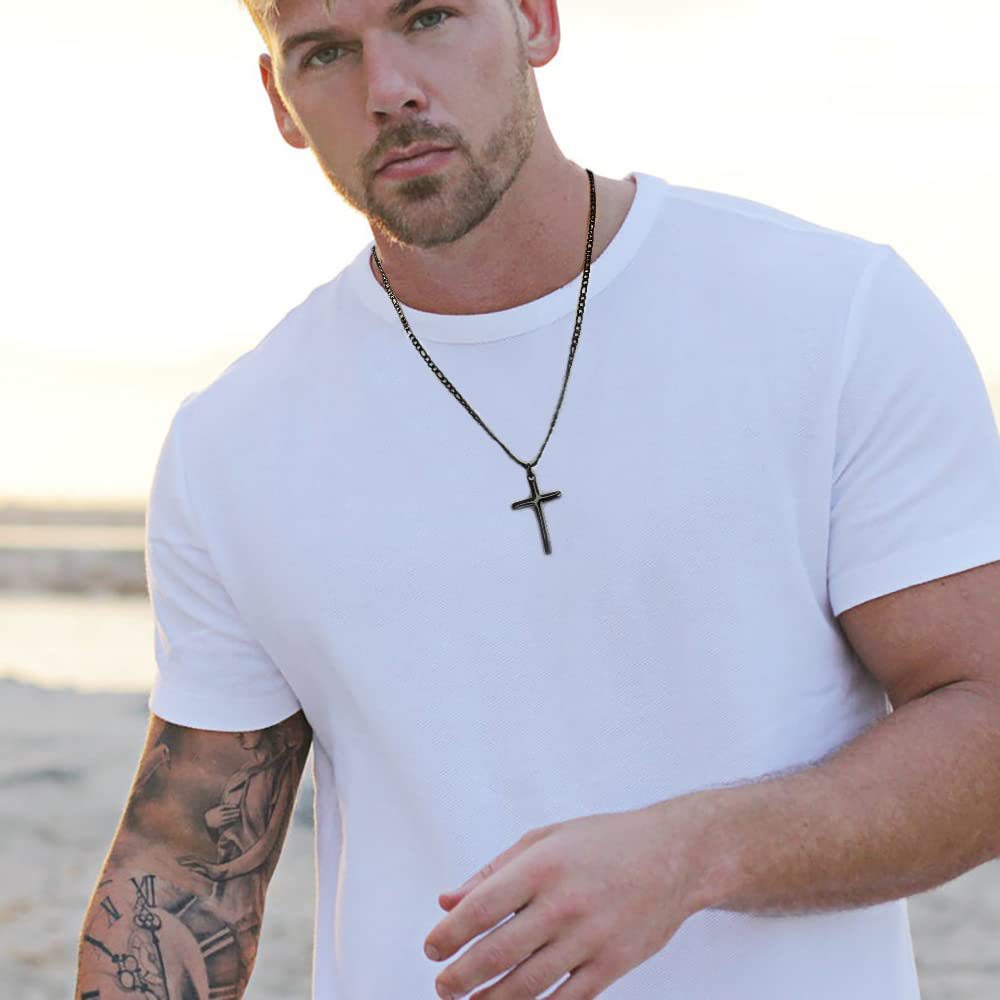 Men's Black Cross Necklace - Stainless Steel Cuban Link Chain - Minimalist Faith Jewelry